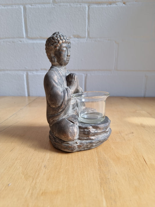 Buddha Statue aus Ton sitzend mit Glasschale / Windlicht – Höhe 19cm