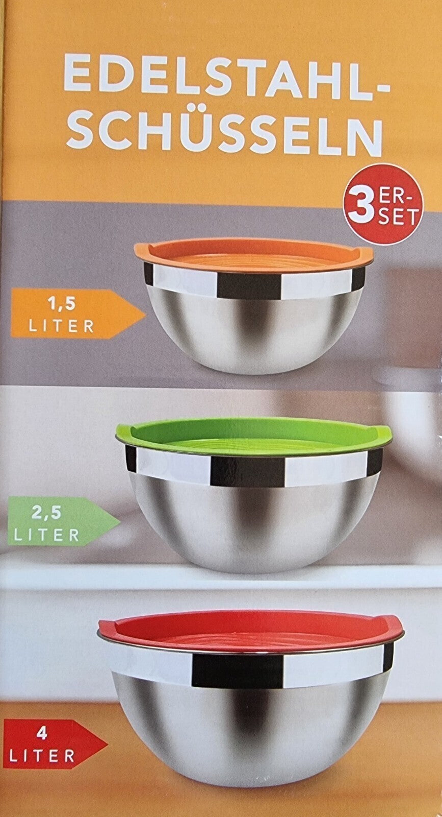 Edelstahl Rührschüssel Set 6-teilig mit Deckel 1,5 l 2,5 l 4 l stapelbar