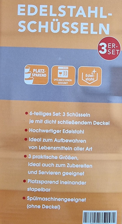 Edelstahl Rührschüssel Set 6-teilig mit Deckel 1,5 l 2,5 l 4 l stapelbar