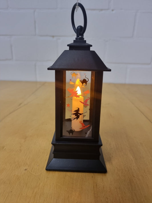 Halloween-Laterne 21 cm mit LED-Kerze, Hexen- und Katzenmotiv, zum Hängen