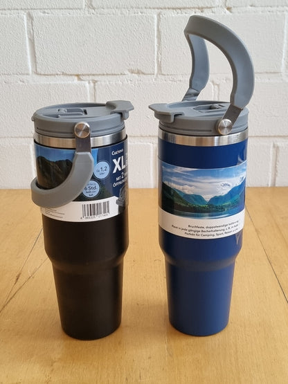 XL Thermobecher 1,2L bis zu 6 Std. mit 2 Trinköffnungen und Tragebügel schwarz