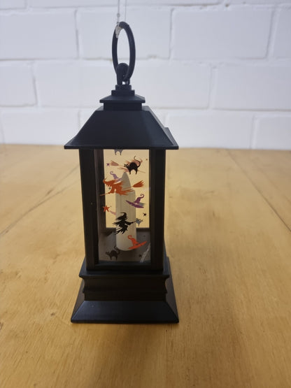 Halloween-Laterne 21 cm mit LED-Kerze, Hexen- und Katzenmotiv, zum Hängen
