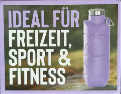 Faltbare Silikon-Trinkflasche mit Karabiner und Metalloptik-Verschluss Blau Lila