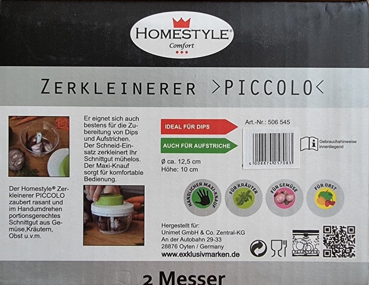 Homestyle Handzerkleinerer PICCOLO mit 2 Messern, Ø 12,5 cm H 10cm