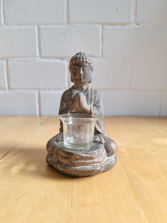 Buddha Statue aus Ton sitzend mit Glasschale / Windlicht – Höhe 19cm
