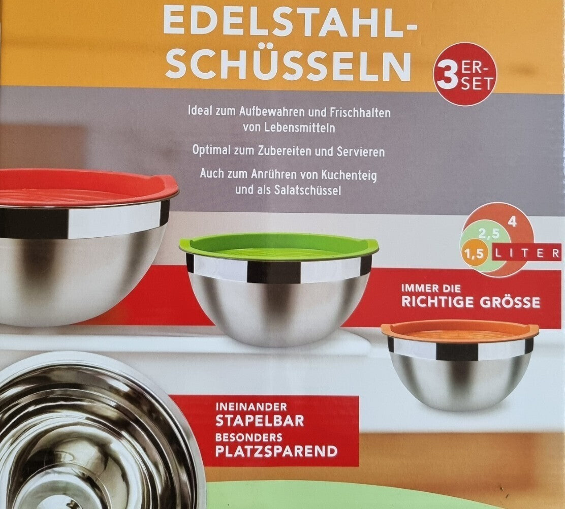 Edelstahl Rührschüssel Set 6-teilig mit Deckel 1,5 l 2,5 l 4 l stapelbar