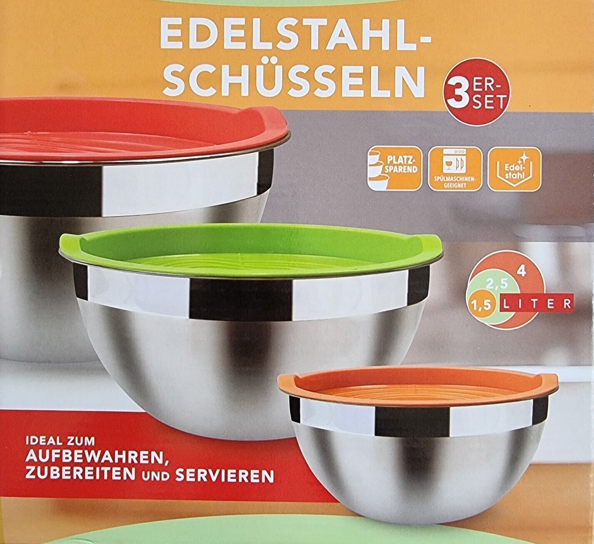 Edelstahl Rührschüssel Set 6-teilig mit Deckel 1,5 l 2,5 l 4 l stapelbar