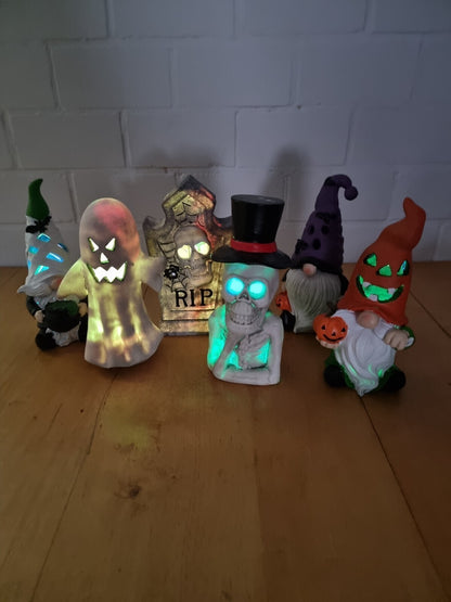 Halloween Dekofigur LED Farbwechsel 29 cm Geist Skelett Wichtel Grabstein RIP